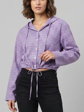 NWT | OLRAIN Purple Plaid Hooded Button-Down Shirt | Drawstring | S